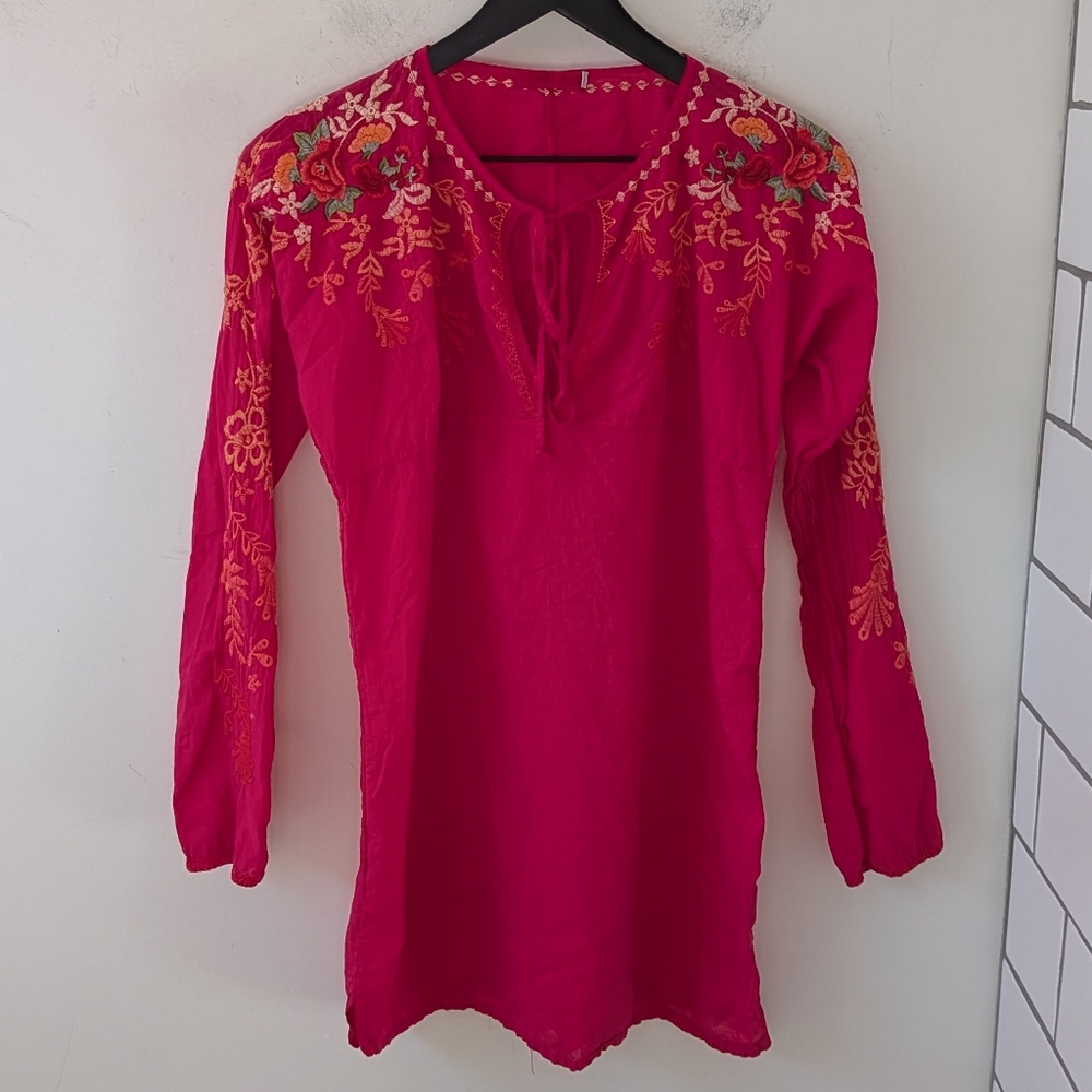 Johnny Was Pink Cotton Embroidered Peasant Boho Tunic Top Babydoll XS